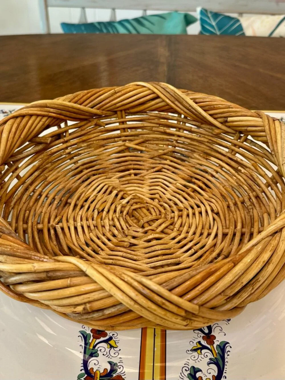 vintage round, hand-woven rattan or wicker basket